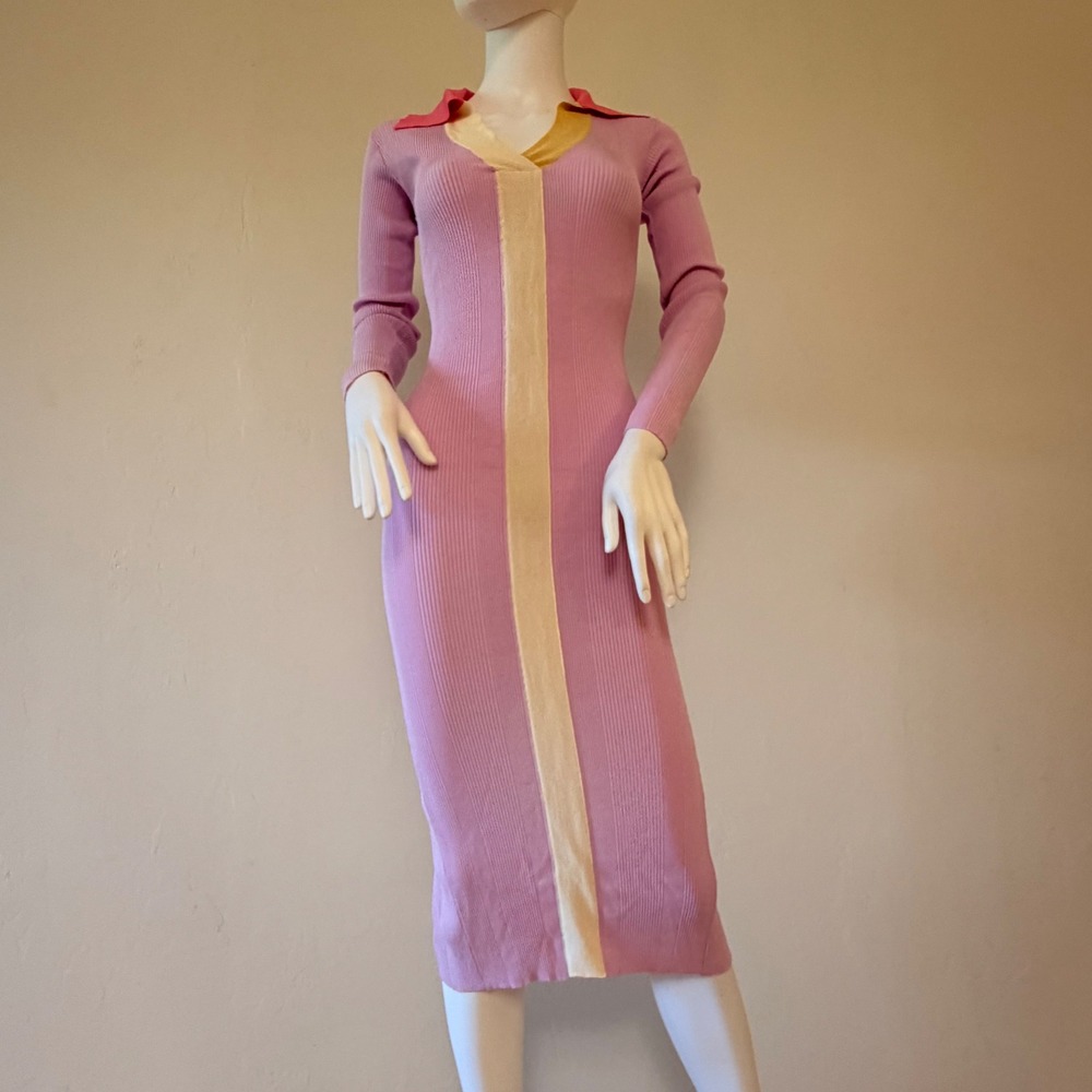 REMAIN Birger Christensen Ribbed Knit Midi Dress Pink Lavender Yellow Size US 0